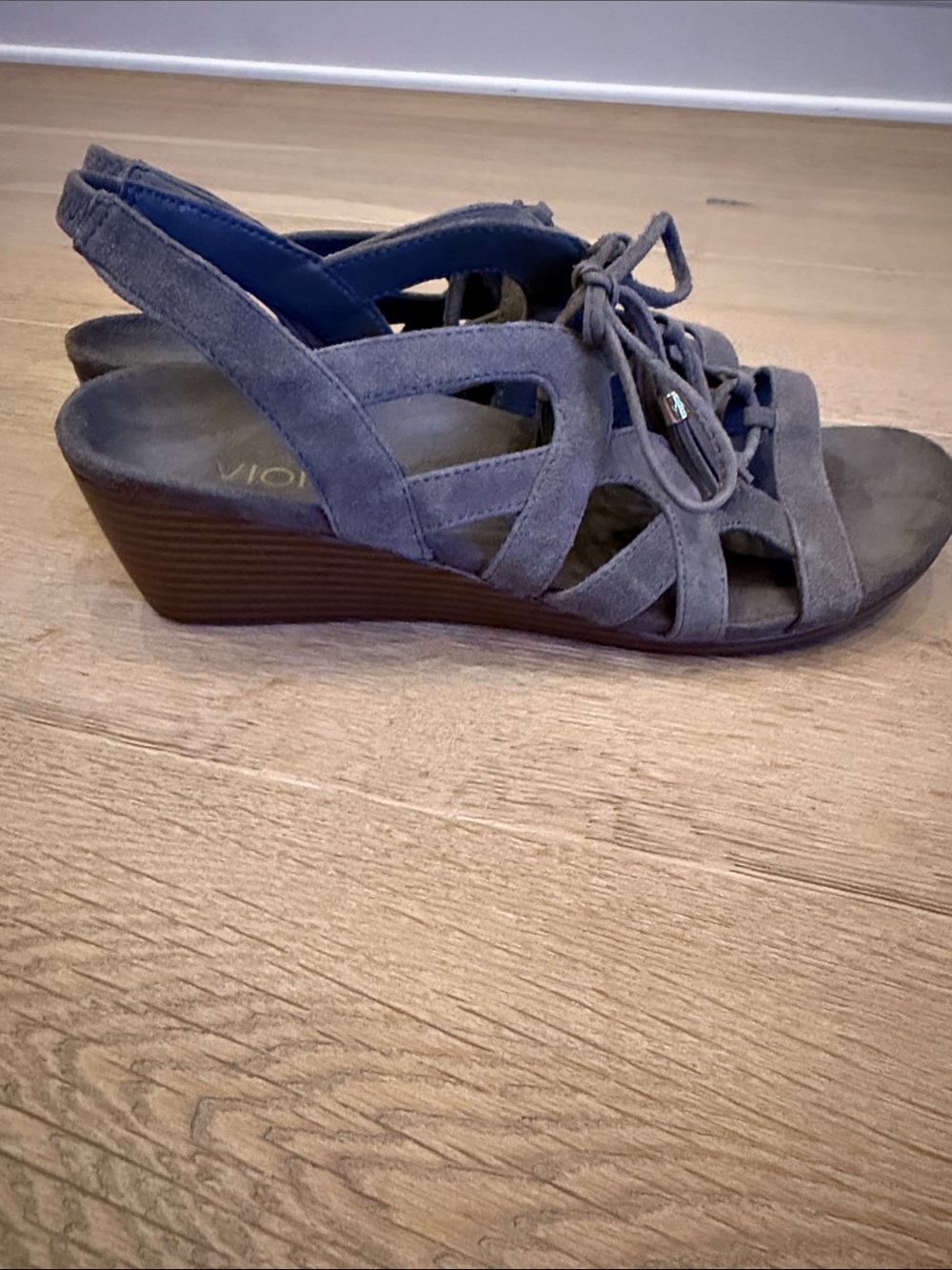 Vionic Kalie Wedge Sandals | Gray Suede | Lace-Up Slingback
